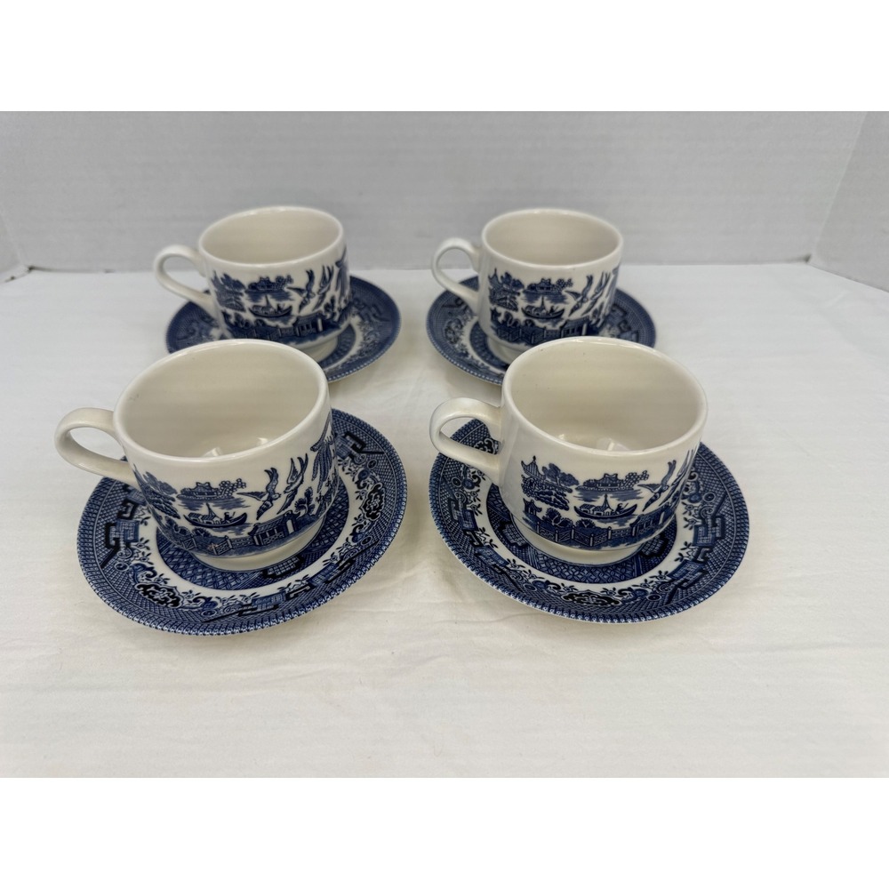 Churchill Blue Willow Tea Cups and Saucers Set‎ of 4 Made in England Blue White